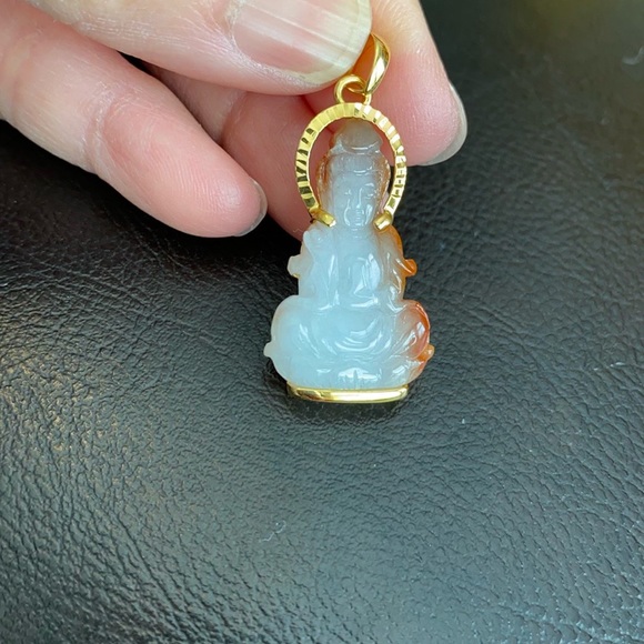 14k Gold Real Jade Buddha Female Kwanyin Pendant